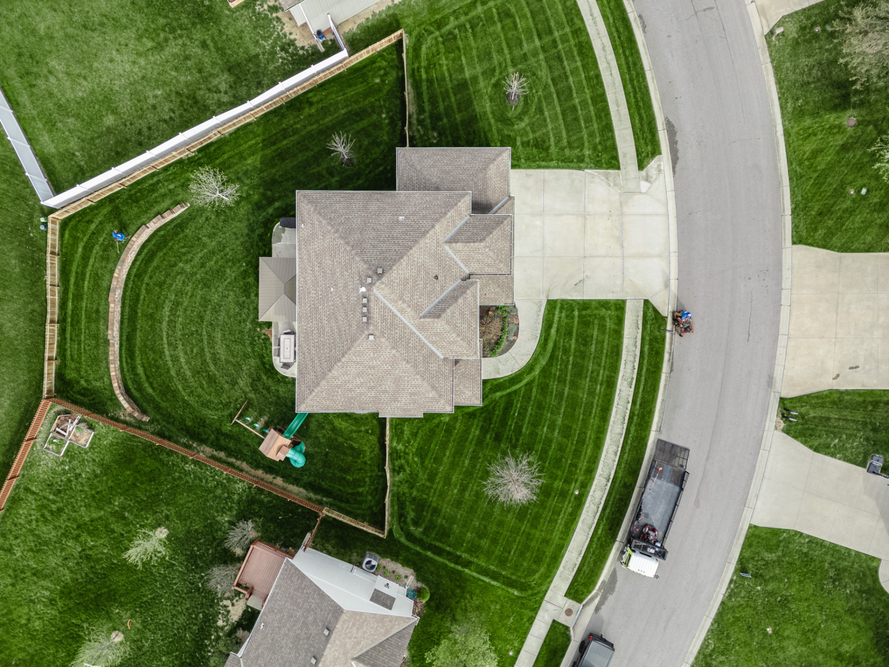 Aerial view of a striped Royal Lawn Service lawn